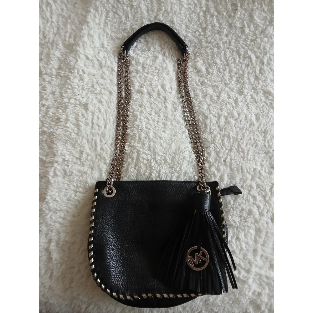 Michael Kors Small Black Whipped Chelsea Leather Messenger Bag Tassel Logo